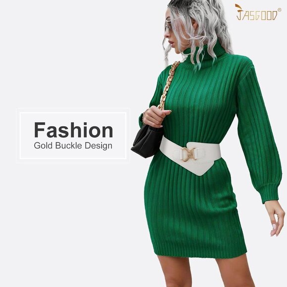 Women\'s Wide Elastic Stretch Waist Belt Adjustable Dress Belt Matte White Gold main image 4